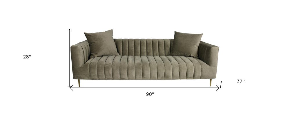90" Gray Brown Velvet Sofa And Toss Pillows With Gold Legs HomeRoots