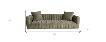 90" Gray Brown Velvet Sofa And Toss Pillows With Gold Legs HomeRoots