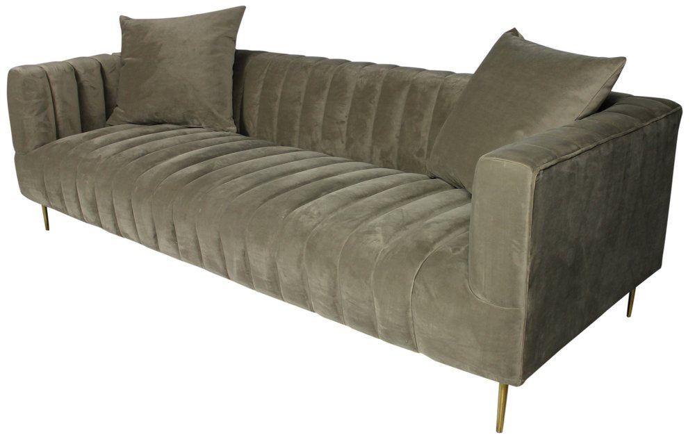90" Gray Brown Velvet Sofa And Toss Pillows With Gold Legs HomeRoots