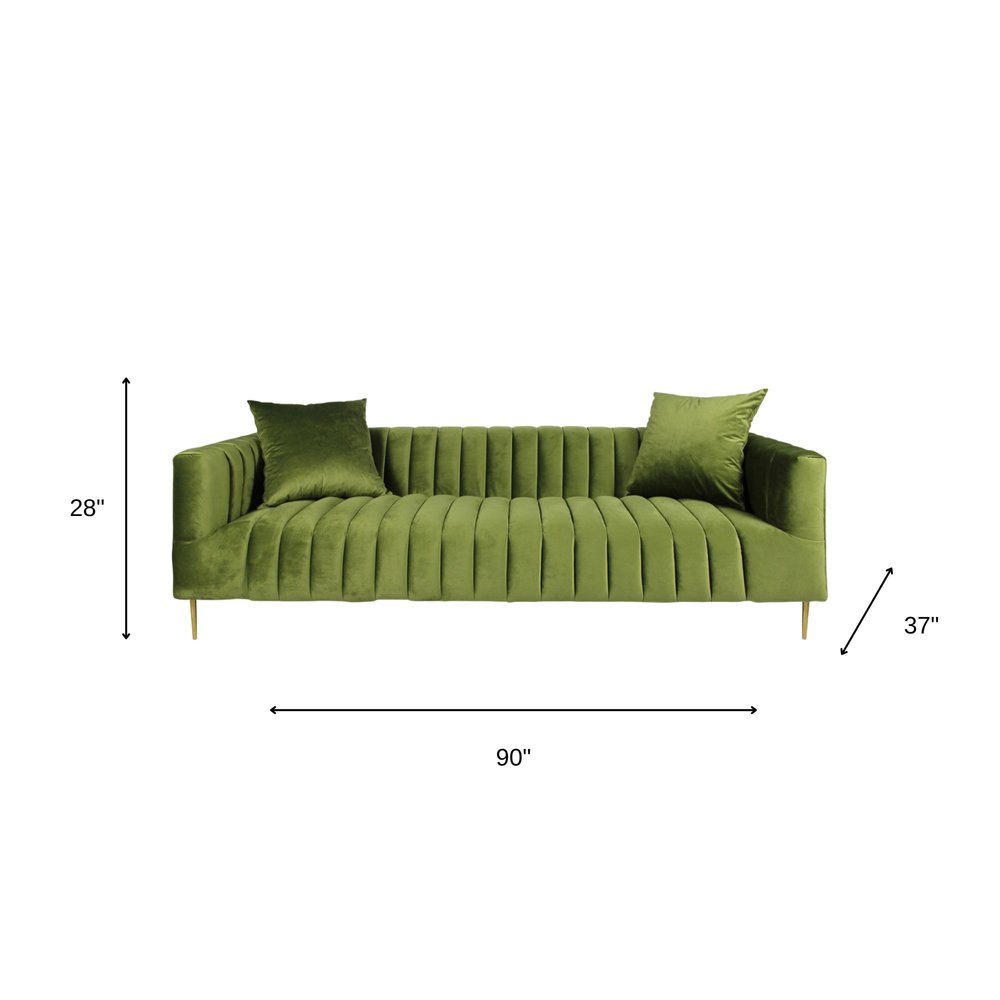 90" Olive Green Velvet Sofa And Toss Pillows With Gold Legs HomeRoots