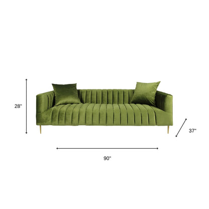 90" Olive Green Velvet Sofa And Toss Pillows With Gold Legs HomeRoots