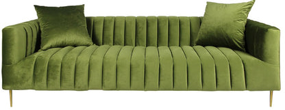 90" Olive Green Velvet Sofa And Toss Pillows With Gold Legs HomeRoots