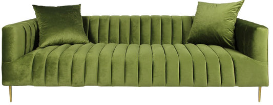 90" Olive Green Velvet Sofa And Toss Pillows With Gold Legs HomeRoots