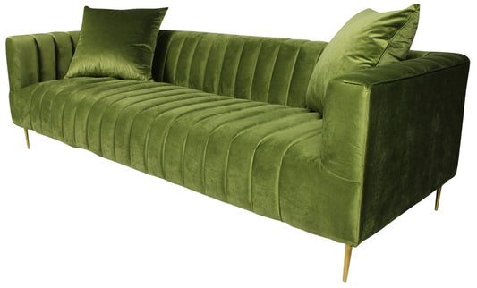 90" Olive Green Velvet Sofa And Toss Pillows With Gold Legs HomeRoots