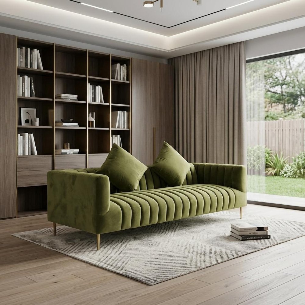 90" Olive Green Velvet Sofa And Toss Pillows With Gold Legs HomeRoots