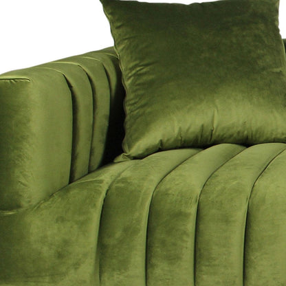 90" Olive Green Velvet Sofa And Toss Pillows With Gold Legs HomeRoots