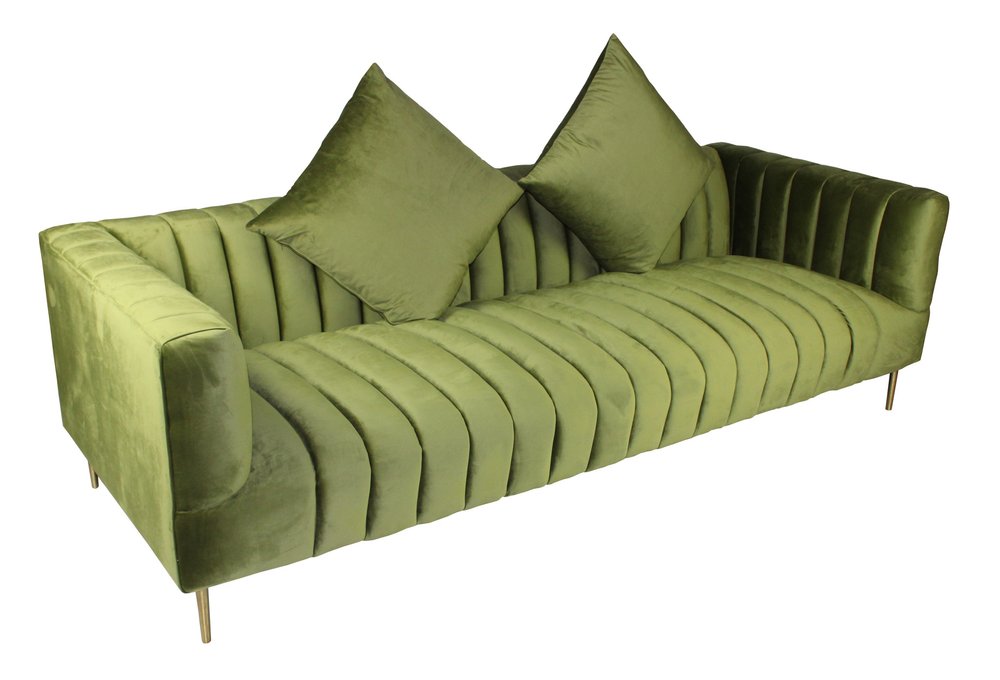 90" Olive Green Velvet Sofa And Toss Pillows With Gold Legs HomeRoots