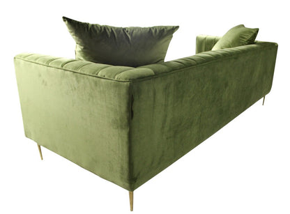 90" Olive Green Velvet Sofa And Toss Pillows With Gold Legs HomeRoots