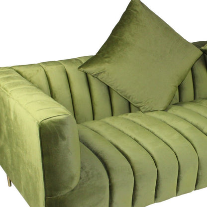 90" Olive Green Velvet Sofa And Toss Pillows With Gold Legs HomeRoots