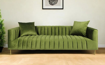 90" Olive Green Velvet Sofa And Toss Pillows With Gold Legs HomeRoots