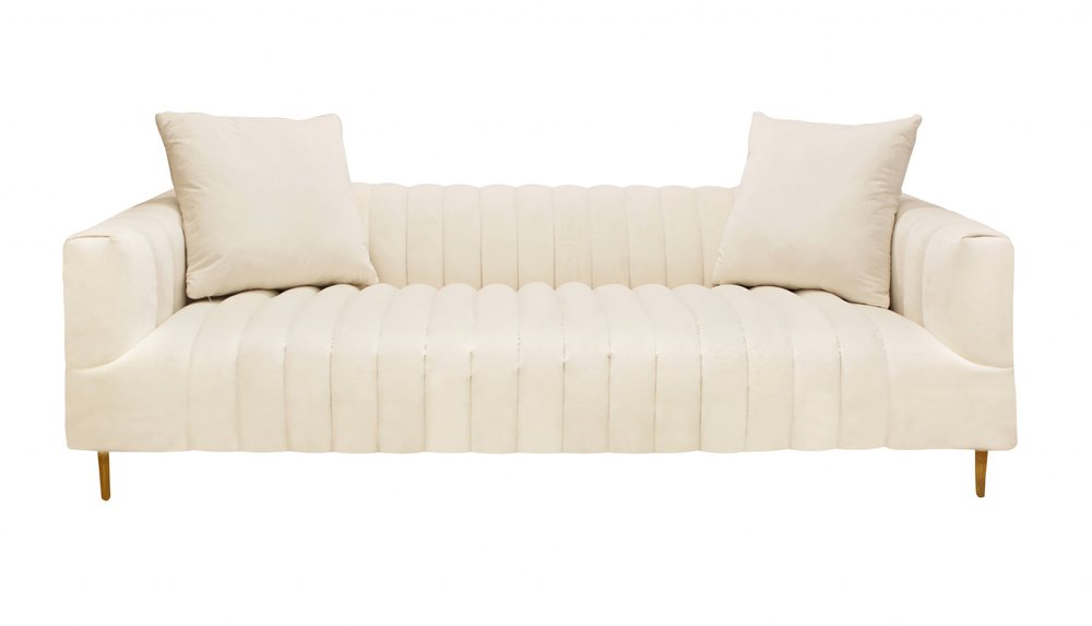 90" Ivory Velvet Sofa And Toss Pillows With Gold Legs — view 1