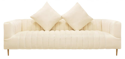 90" Ivory Velvet Sofa And Toss Pillows With Gold Legs HomeRoots