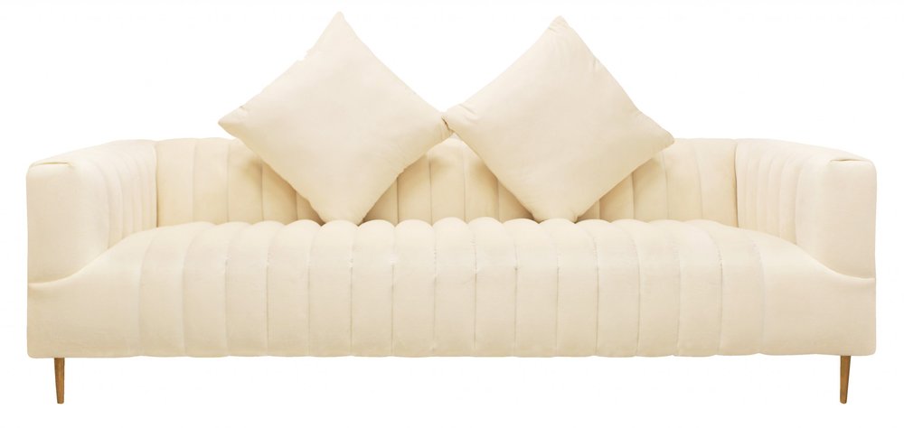 90" Ivory Velvet Sofa And Toss Pillows With Gold Legs — view 2