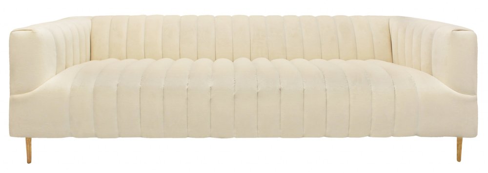 90" Ivory Velvet Sofa And Toss Pillows With Gold Legs — view 3