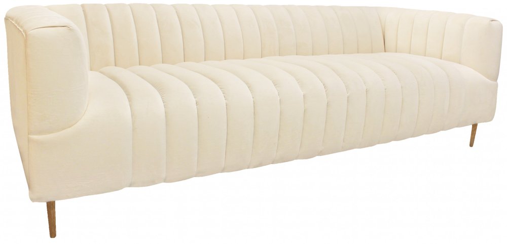 90" Ivory Velvet Sofa And Toss Pillows With Gold Legs — view 4