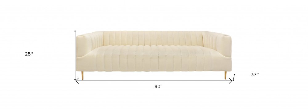 90" Ivory Velvet Sofa And Toss Pillows With Gold Legs — view 9