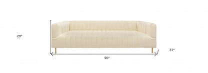 90" Ivory Velvet Sofa And Toss Pillows With Gold Legs HomeRoots