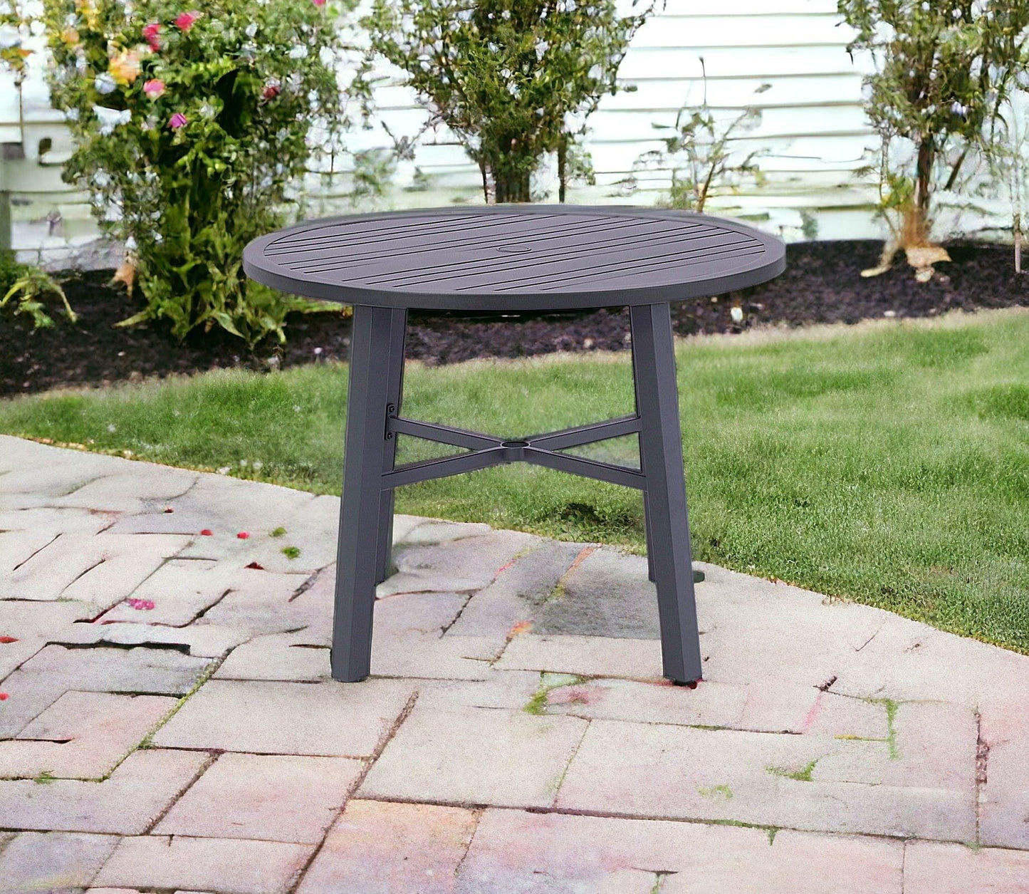 42" Black Rounded Metal Outdoor Dining Table With Umbrella Hole - FurniFindUSA