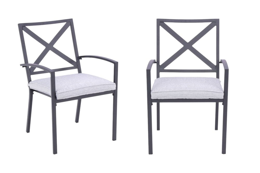 Set of Two Dark Gray Aluminum Outdoor Stacking Dining Chairs with Light Gray Cushion HomeRoots
