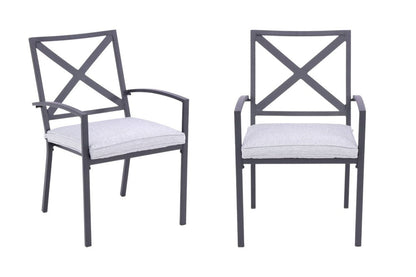 Set of Two Dark Gray Aluminum Outdoor Stacking Dining Chairs with Light Gray Cushion HomeRoots