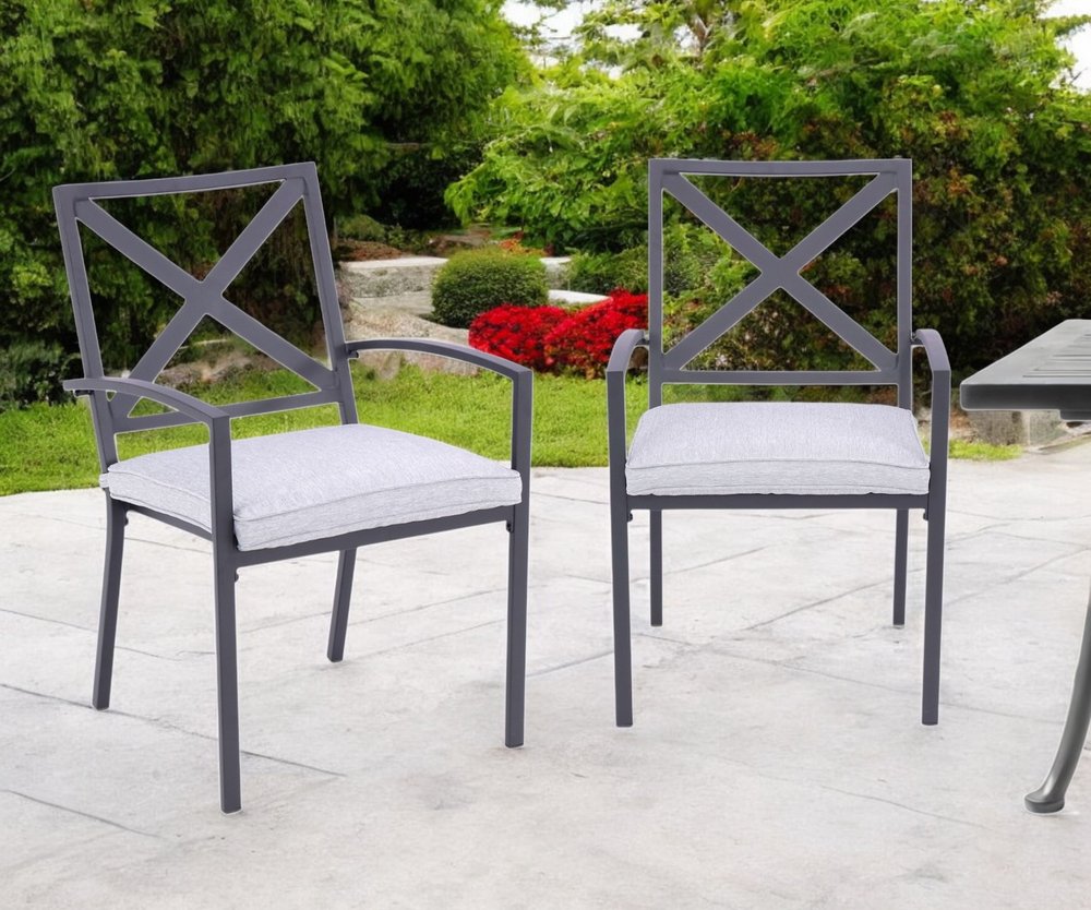Set of Two Dark Gray Aluminum Outdoor Stacking Dining Chairs with Light Gray Cushion HomeRoots