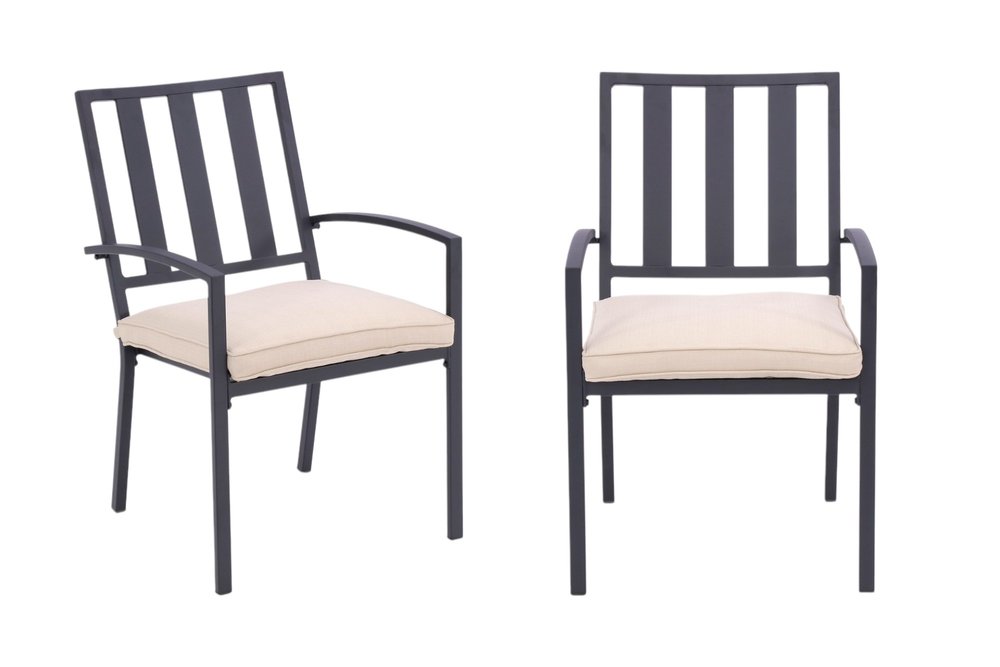 Set of Two Dark Gray Aluminum Outdoor Stacking Dining Chairs with Beige Cushion HomeRoots
