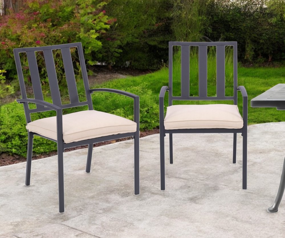 Set of Two Dark Gray Aluminum Outdoor Stacking Dining Chairs with Beige Cushion HomeRoots