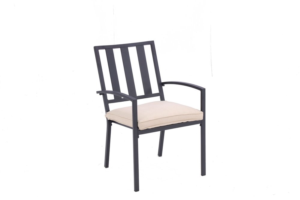 Set of Two Dark Gray Aluminum Outdoor Stacking Dining Chairs with Beige Cushion HomeRoots