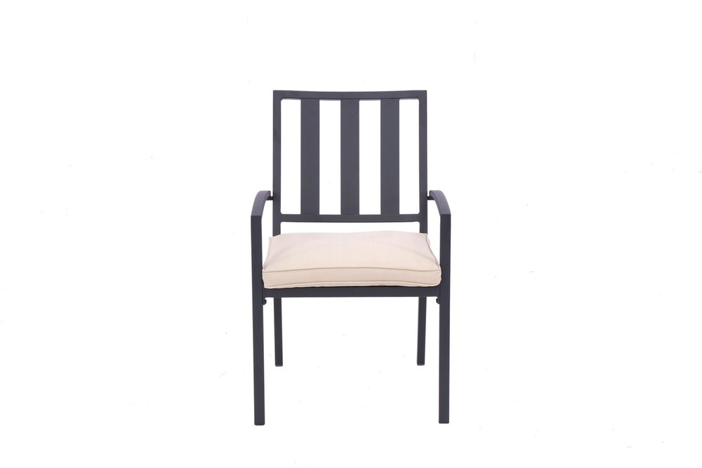 Set of Two Dark Gray Aluminum Outdoor Stacking Dining Chairs with Beige Cushion HomeRoots