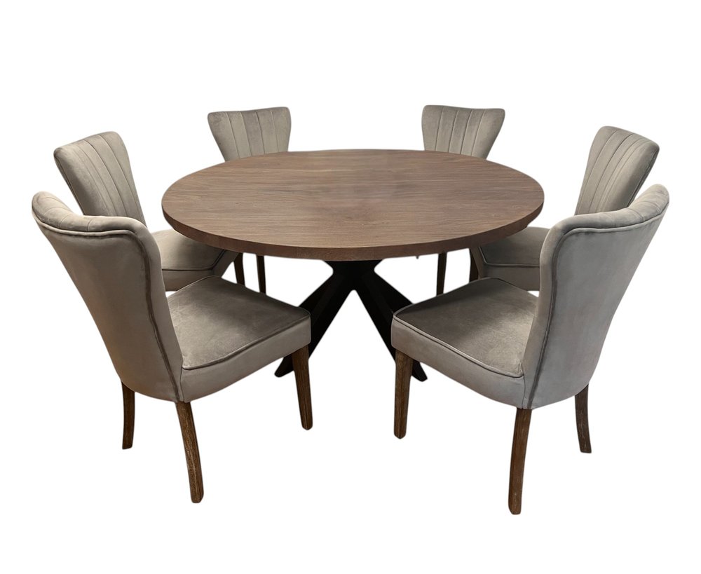Seven Piece Gray and Black Round Solid Wood Dining Set with Six Chairs HomeRoots