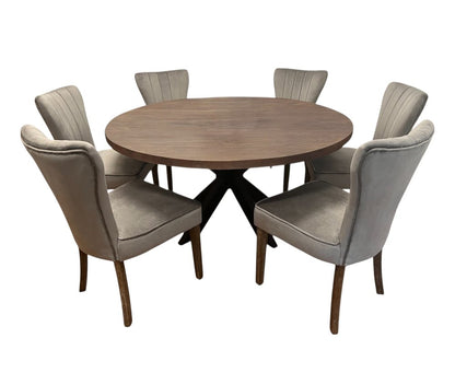 Seven Piece Gray and Black Round Solid Wood Dining Set with Six Chairs HomeRoots
