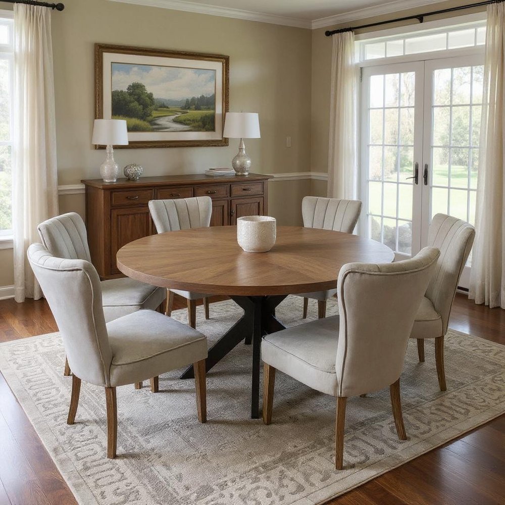 Seven Piece Gray and Black Round Solid Wood Dining Set with Six Chairs HomeRoots