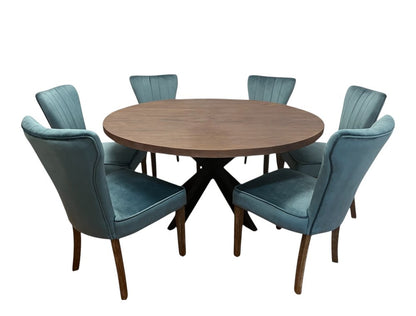 Seven Piece Gray and Black Round Solid Wood Dining Set with Six Chairs HomeRoots