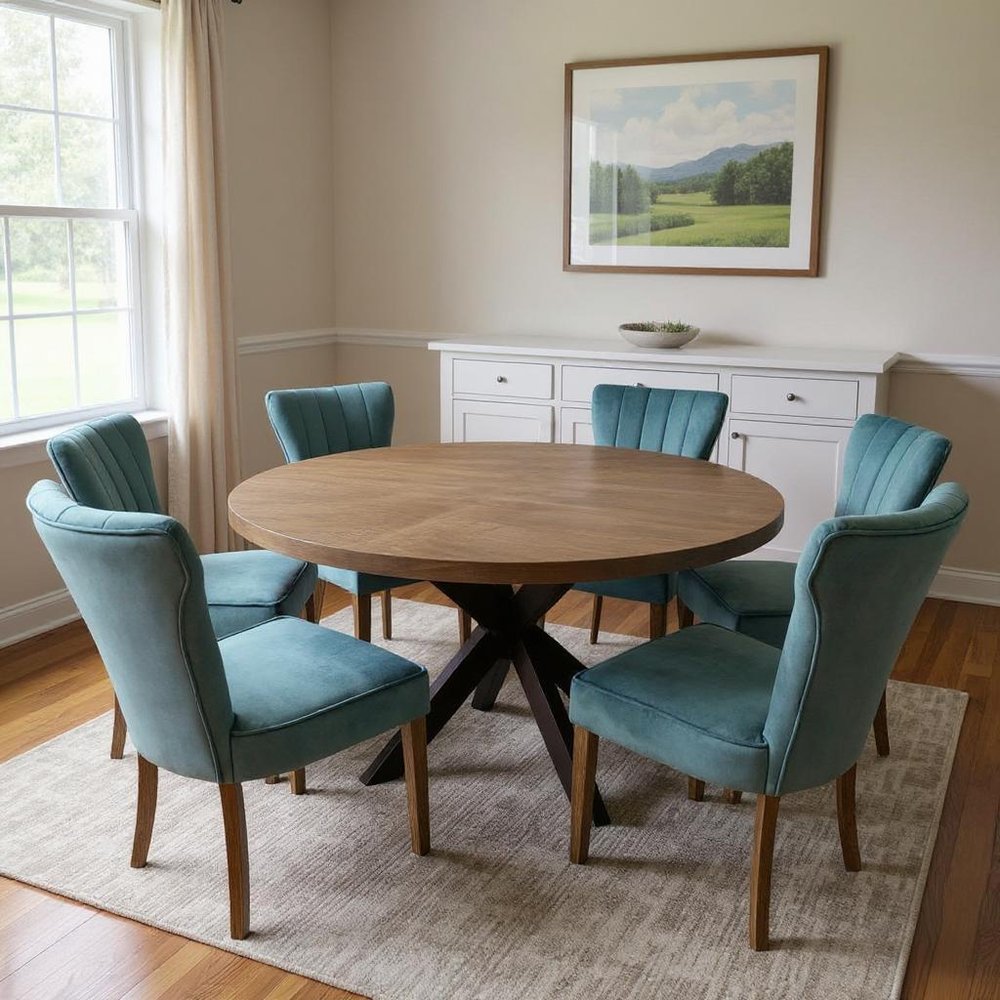 Seven Piece Gray and Black Round Solid Wood Dining Set with Six Chairs HomeRoots