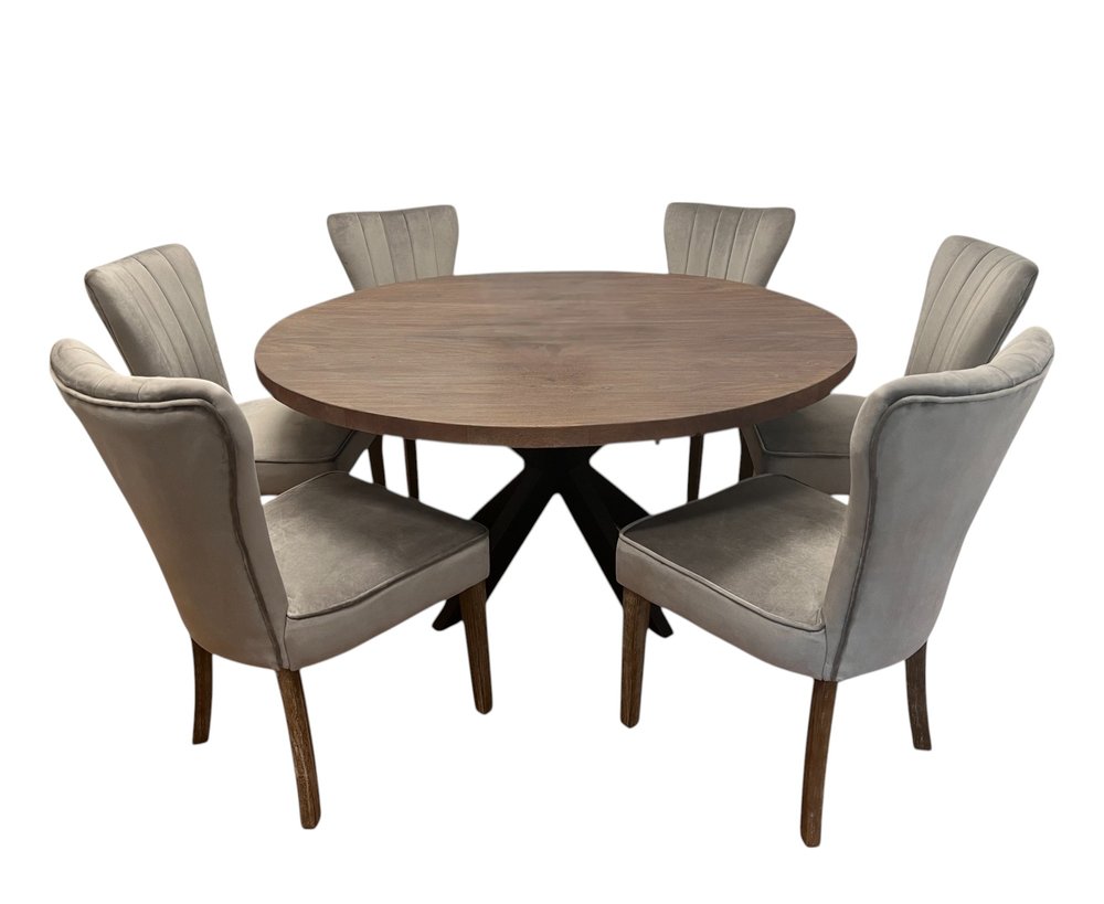 Seven Piece Gray and Black Round Solid Wood Dining Set with Six Chairs HomeRoots