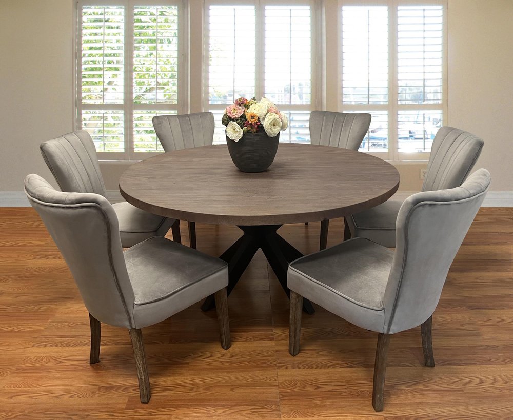 Seven Piece Gray and Black Round Solid Wood Dining Set with Six Chairs HomeRoots