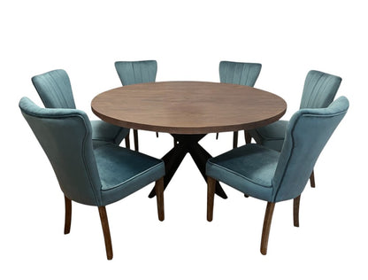 Seven Piece Gray and Black Round Solid Wood Dining Set with Six Chairs HomeRoots