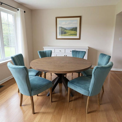 Seven Piece Gray and Black Round Solid Wood Dining Set with Six Chairs HomeRoots