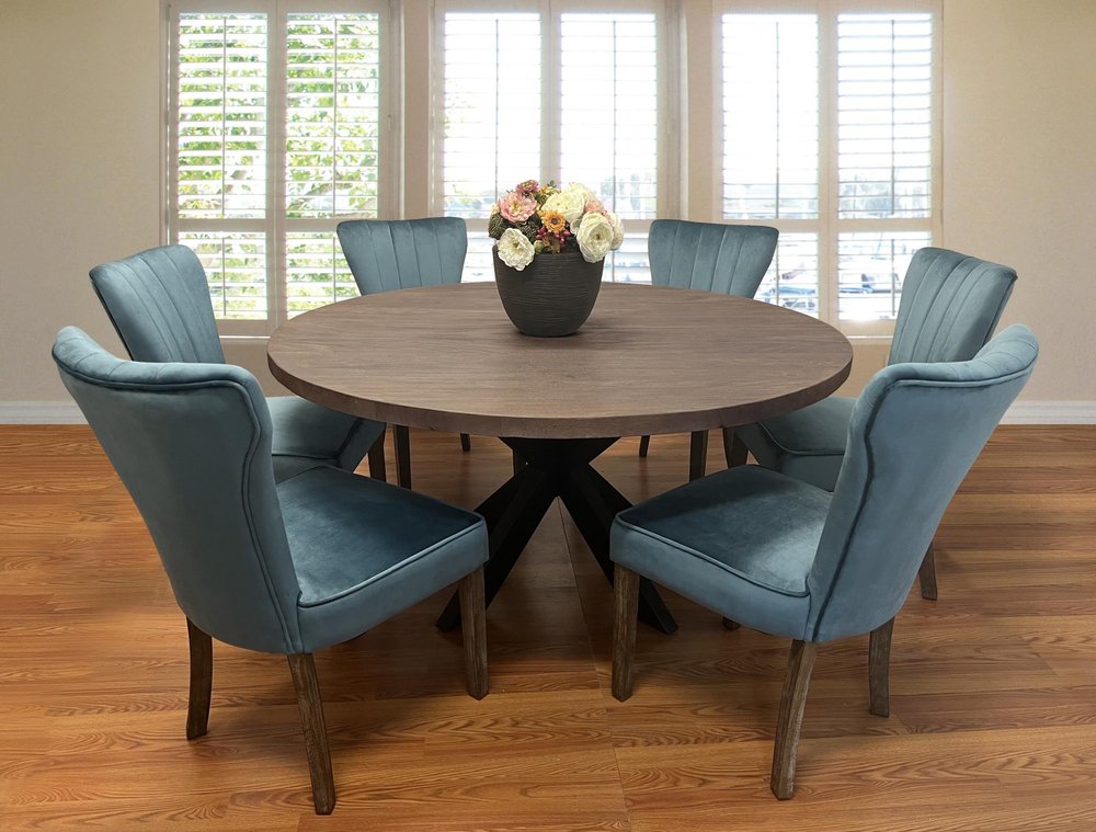 Seven Piece Gray and Black Round Solid Wood Dining Set with Six Chairs HomeRoots