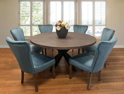 Seven Piece Gray and Black Round Solid Wood Dining Set with Six Chairs HomeRoots