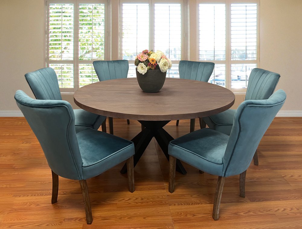Seven Piece Gray and Black Round Solid Wood Dining Set with Six Chairs HomeRoots