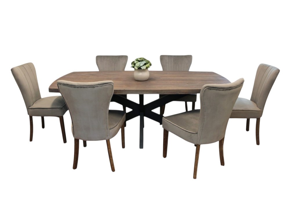 Seven Piece Gray and Black Solid Wood Dining Set with Six Chairs HomeRoots