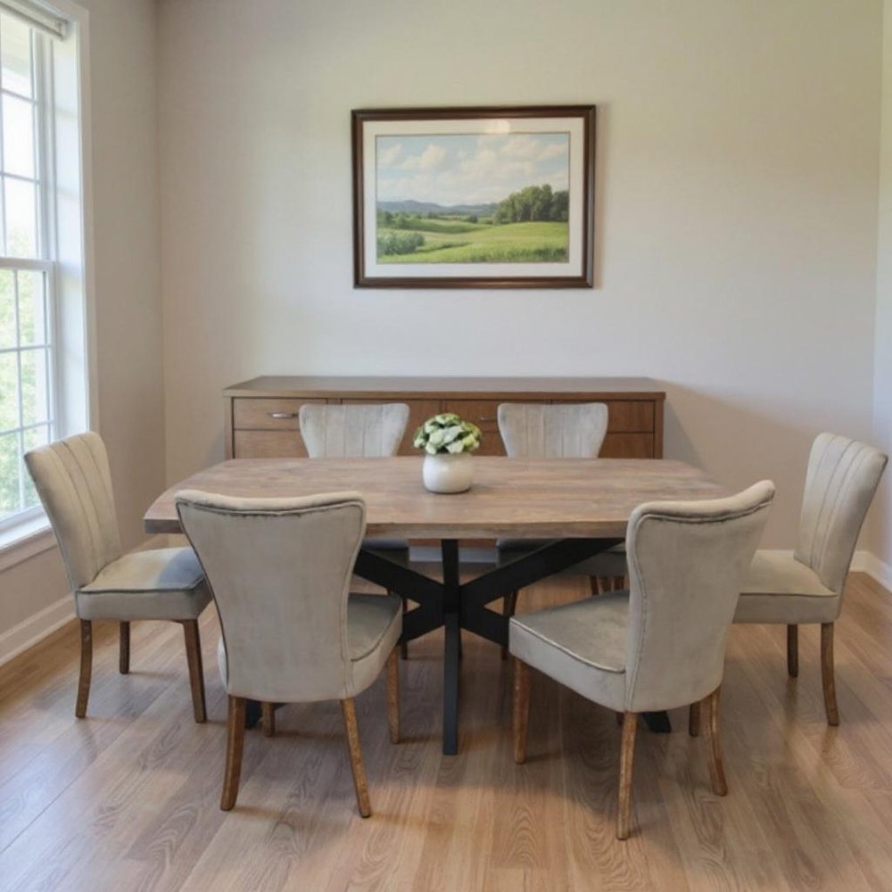 Seven Piece Gray and Black Solid Wood Dining Set with Six Chairs HomeRoots