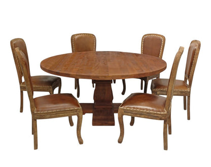Seven Piece Brown Round Solid Wood Dining Set with Six Chairs HomeRoots