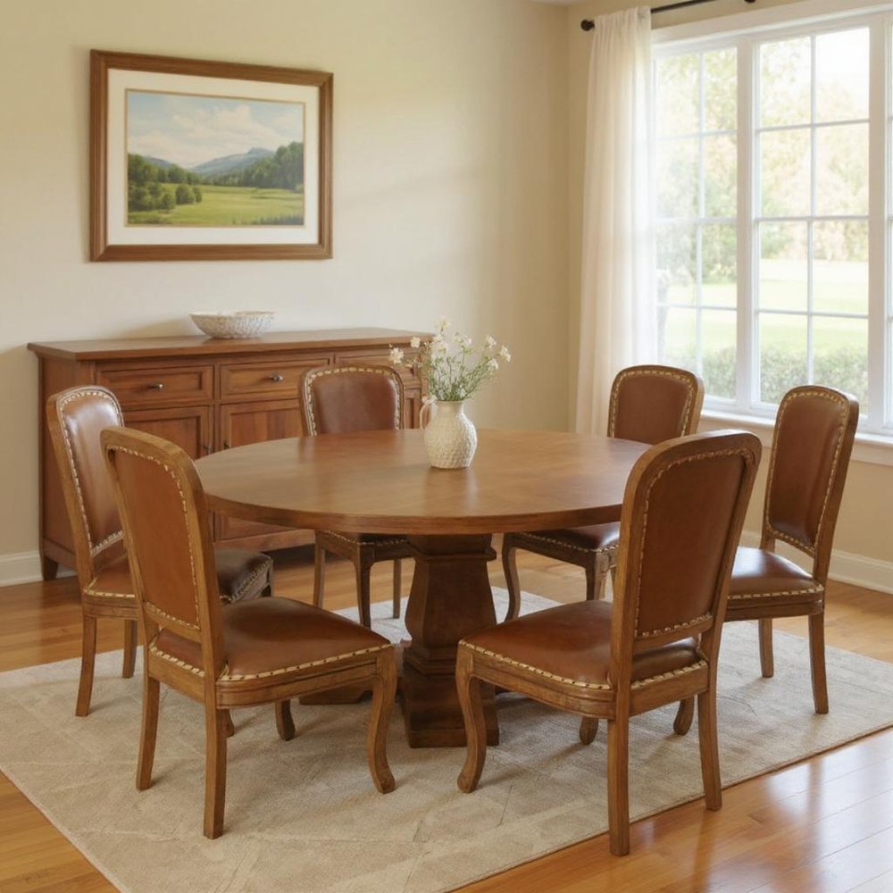 Seven Piece Brown Round Solid Wood Dining Set with Six Chairs HomeRoots