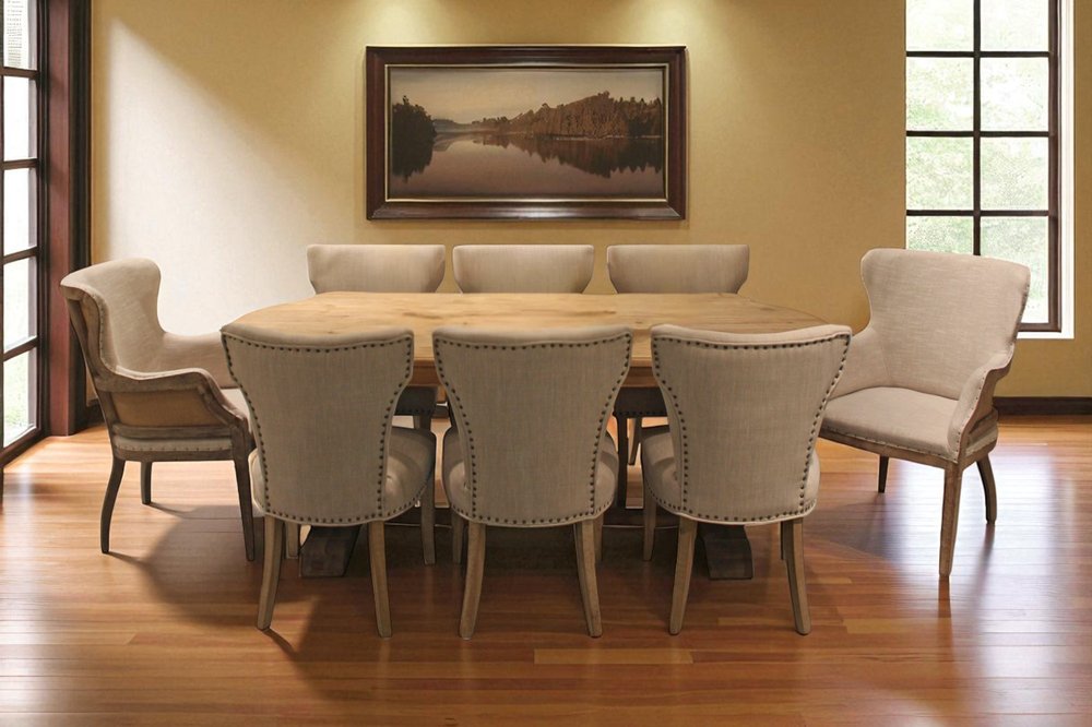 Nine Piece Natural Solid Wood Dining Set with Eight Chairs HomeRoots
