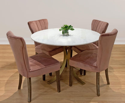 Five Piece Ivory and Gold Round Marble Dining Set with Four Chairs HomeRoots