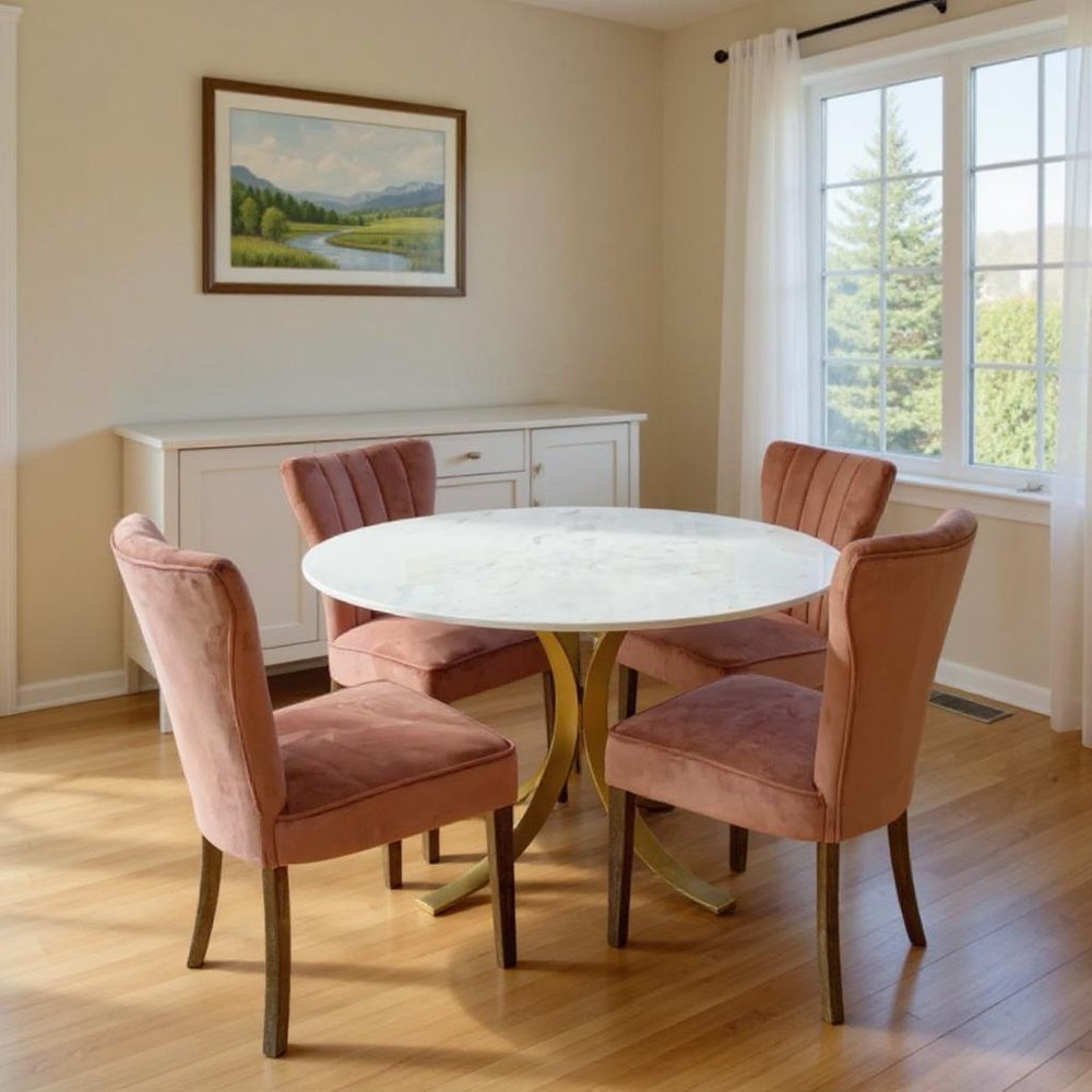 Five Piece Ivory and Gold Round Marble Dining Set with Four Chairs HomeRoots