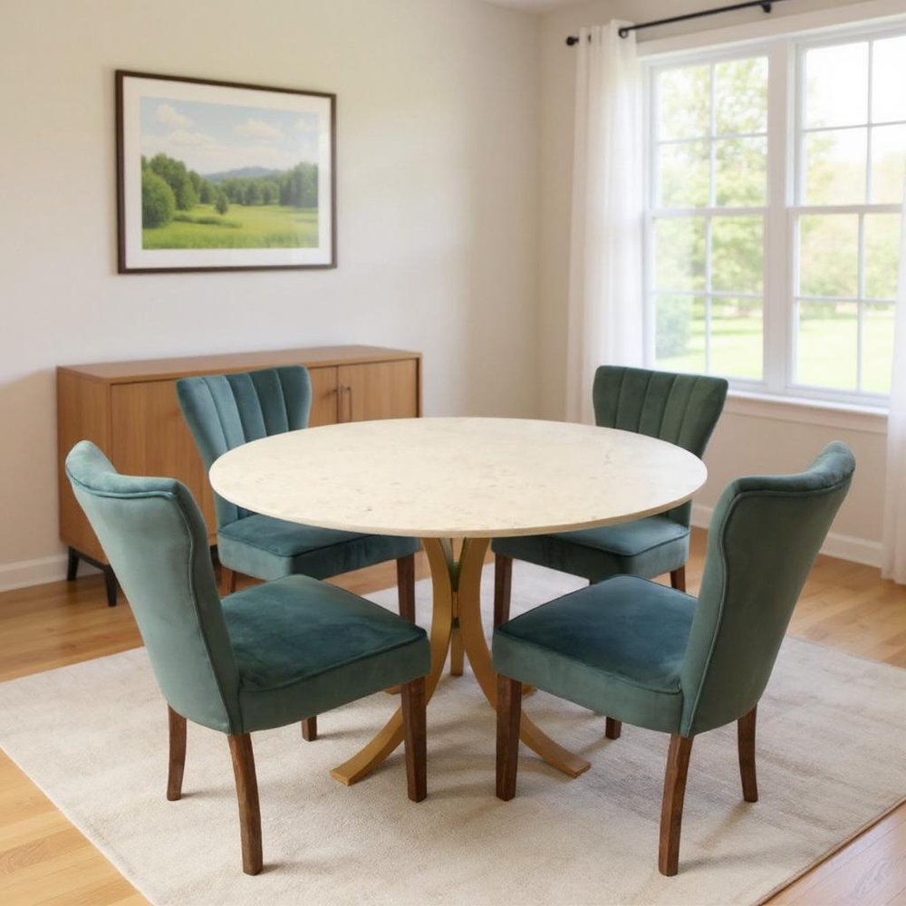 Five Piece Ivory and Gold Round Marble Dining Set with Four Chairs HomeRoots