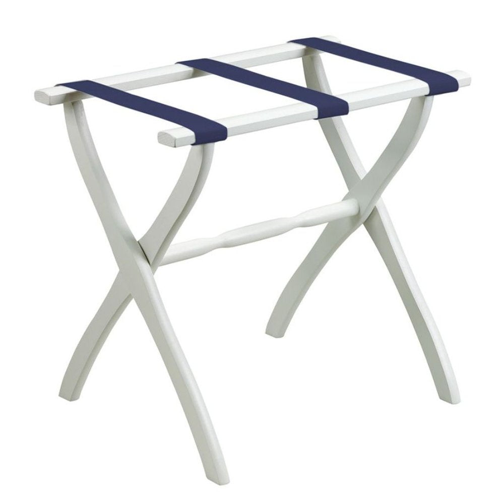 White Folding Luggage Rack With Navy Blue Straps HomeRoots